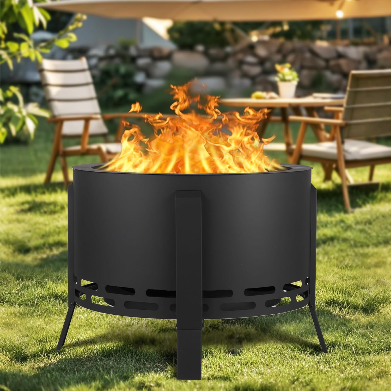 26" Smokeless Fire Pit with Ash Tray Base,Smokeless Outdoor Firepits with Adjustable Foot&Fire Poker,Firepit with Dust Bag,Outdoor Fire Pits for BBQ,Bonfire,Camping-VerdiqueGarden