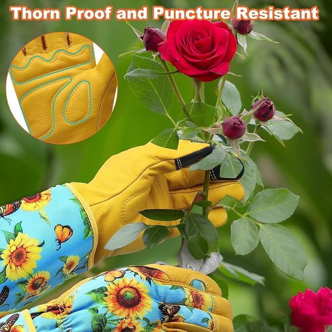 DLY Gardening Gloves for Women, Rose Gloves Gardening Thorn Proof, Long Garden Gloves for Women, Breathable Cowhide Leather Gauntlet (Small, Blue-VerdiqueGarden