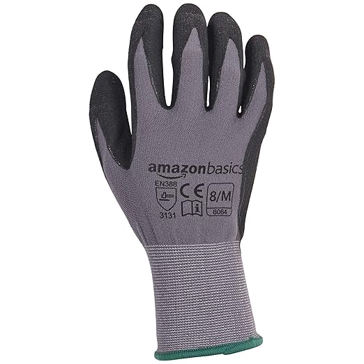 Amazon Basics Micro-Foam Nitrile Coated Work Gloves, Nylon Liner Fiber, Touch Screen, Size 8/M, 12 Pairs, Grey-VerdiqueGarden
