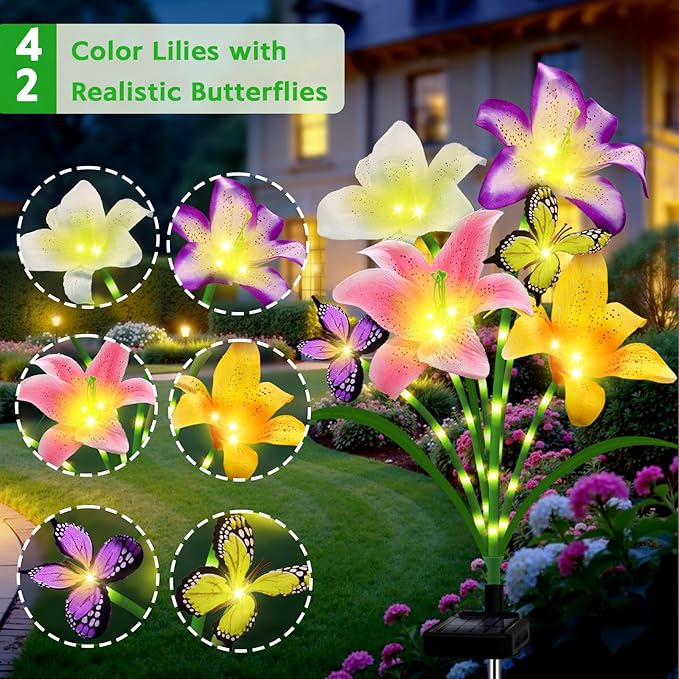 Solar Garden Lights 4 Pack 16 Lily Flowers with Butterfly Decor, Waterproof Solar Flower Lights for Outdoor - Upgraded Decorative Lilies for Yard, Patio, Pathway Decorations & Gardening Gifts-VerdiqueGarden