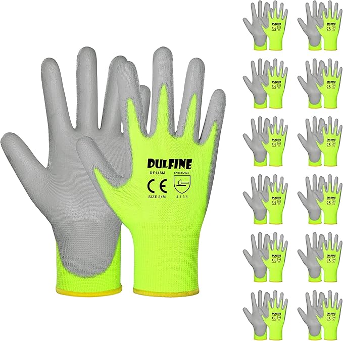 DULFINE Safety Work Gloves for Men PU Coated 12 Pairs Bulk Pack,Hi-Vis Yellow Seamless Knit Glove with thin Polyurethane Coated Smooth Grip on Palm & Fingers, Ideal for General Duty Work (Large)-VerdiqueGarden