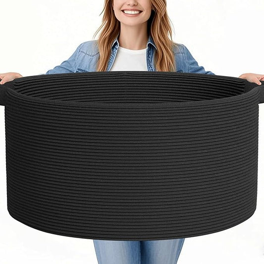 125L Extra Large Blanket Basket, 25" x 16", Jumbo Laundry Woven Baskets Decorative Home, Cotton Rope Basket with Handles, Baby Toy Baskets for Storage, Black, 2PC-VerdiqueGarden