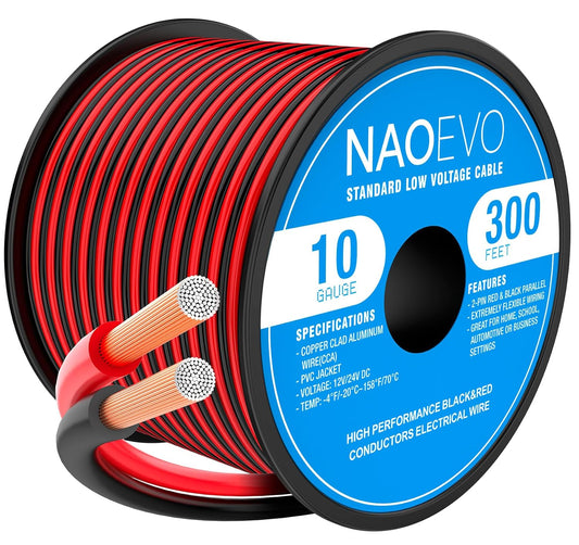 NAOEVO 10 Gauge Wire 300FT, 2 Conductors Electrical Wire Red Black Cable, Flexible/Low Voltage/PVC 10 AWG Copper Clad Aluminum Extension Cord for Speaker, LED Strips, Automotive 12V/24V DC-VerdiqueGarden