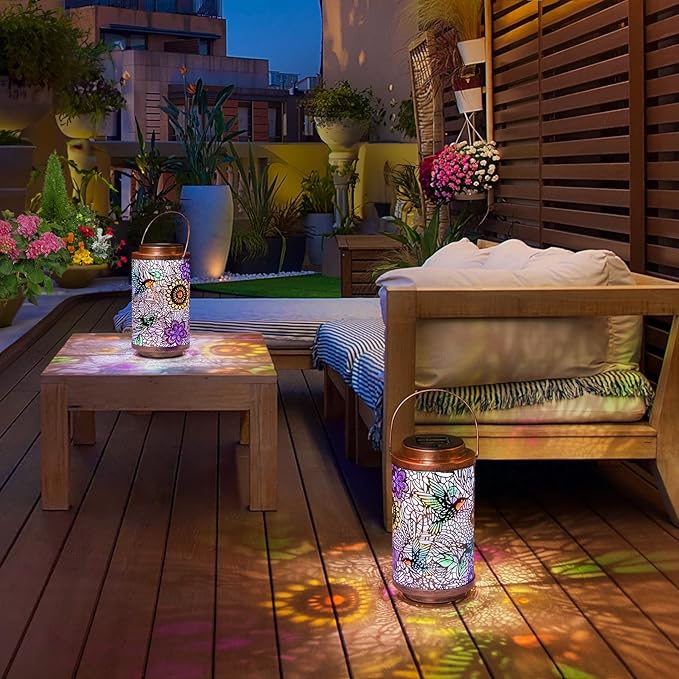 2Pack Solar Lanterns Outdoor Waterproof Hummingbird Gardening Gifts for Women, Multicolor Solar Lights Patio Lantern for Backyard Garden Decor, Porch, Outside, Mothers' Day Gifts for Mom Grandma-VerdiqueGarden