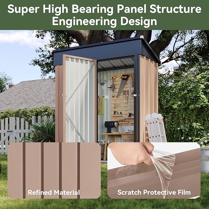 Aoxun 5x3 FT Shed Outdoor Waterproof Storage Shed Metal Garden Shed with Lockable Doors & Slooping Roof for Backyard, Patio, Poolside (Brown)-VerdiqueGarden