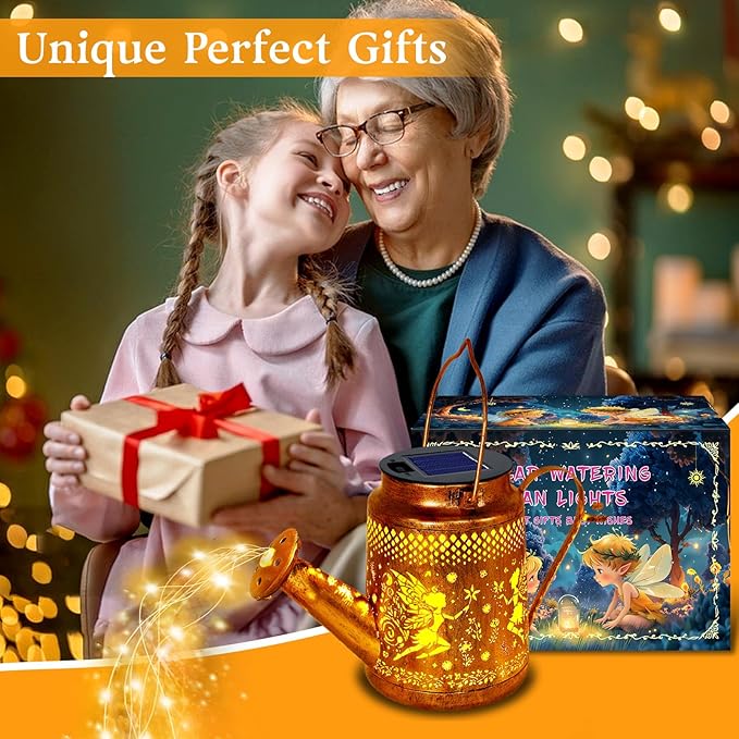 Solar Lanterns Outdoor Waterproof,Metal Watering Can Garden Decor,Fairy Hanging Solar Path Lights Yard Art,Outside Patio Decorations Gardening Birthday Gifts for Mom Grandma Women（with Shepherd Hook）-VerdiqueGarden