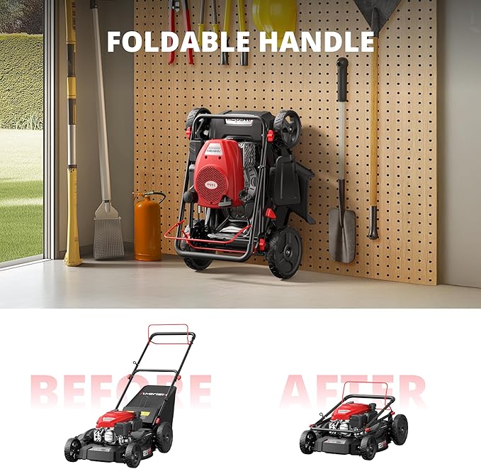 21" Gas Lawn Mower, Self-propelled Lawn Mower 3-in-1, 170cc OHV Engine with Forced Air Cooling, 6 Cutting Heights, 1.4-Bushel Grass Catcher-VerdiqueGarden