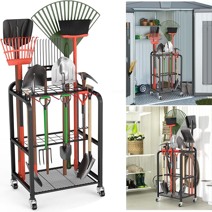 Trieez Garden Tool Organizer for Garage, Yard Tool Organizer with Wheels for Garage Organization and Storage - Sturdy Yard Tool Holder Tool Rack, for Shed, Outdoor, Tool Stand-VerdiqueGarden