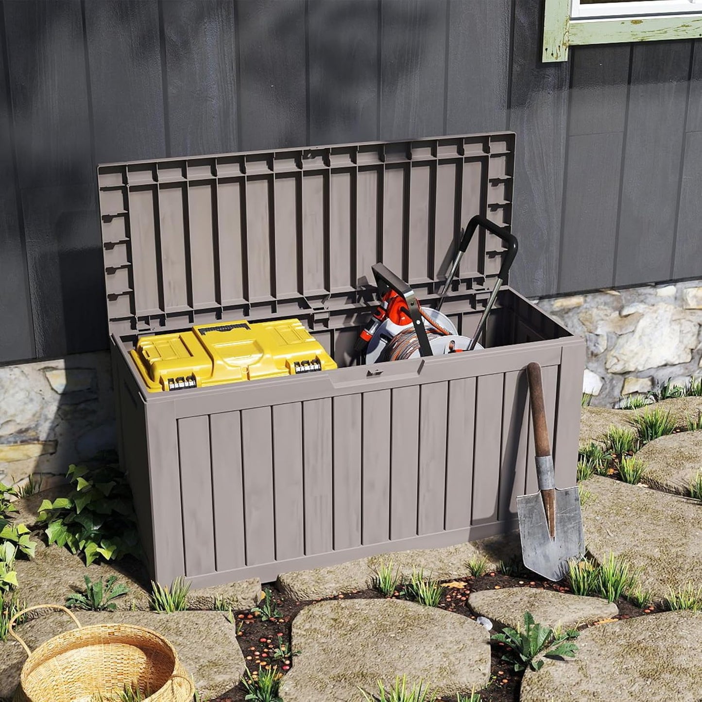 80 Gallon Coffee Resin Deck Box - Rustic Outdoor Storage for Garden Tools, Patio Essentials & Package Delivery - Weatherproof, Lockable for Farmhouse Decks-VerdiqueGarden