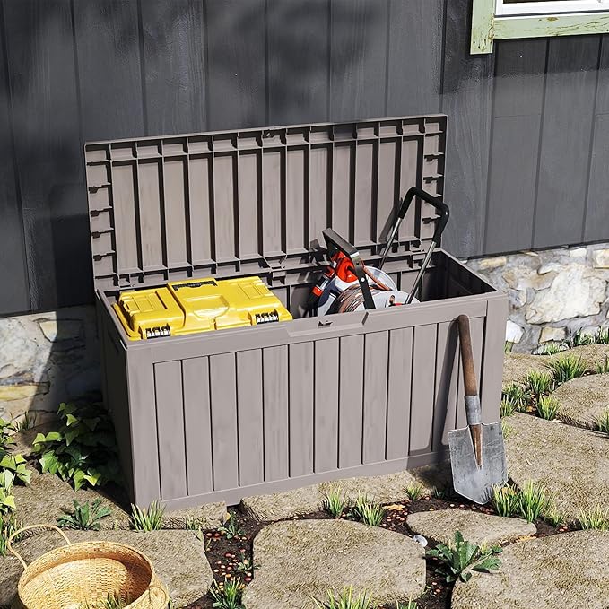 80 Gallon Outdoor Storage Box with Wheels, Waterproof Lockable Resin Deck Box Patio Storage Bin for Pool Accessories Cushion Furniture, Garden Tools, UV-Resistant Outside Delivery Grey-VerdiqueGarden