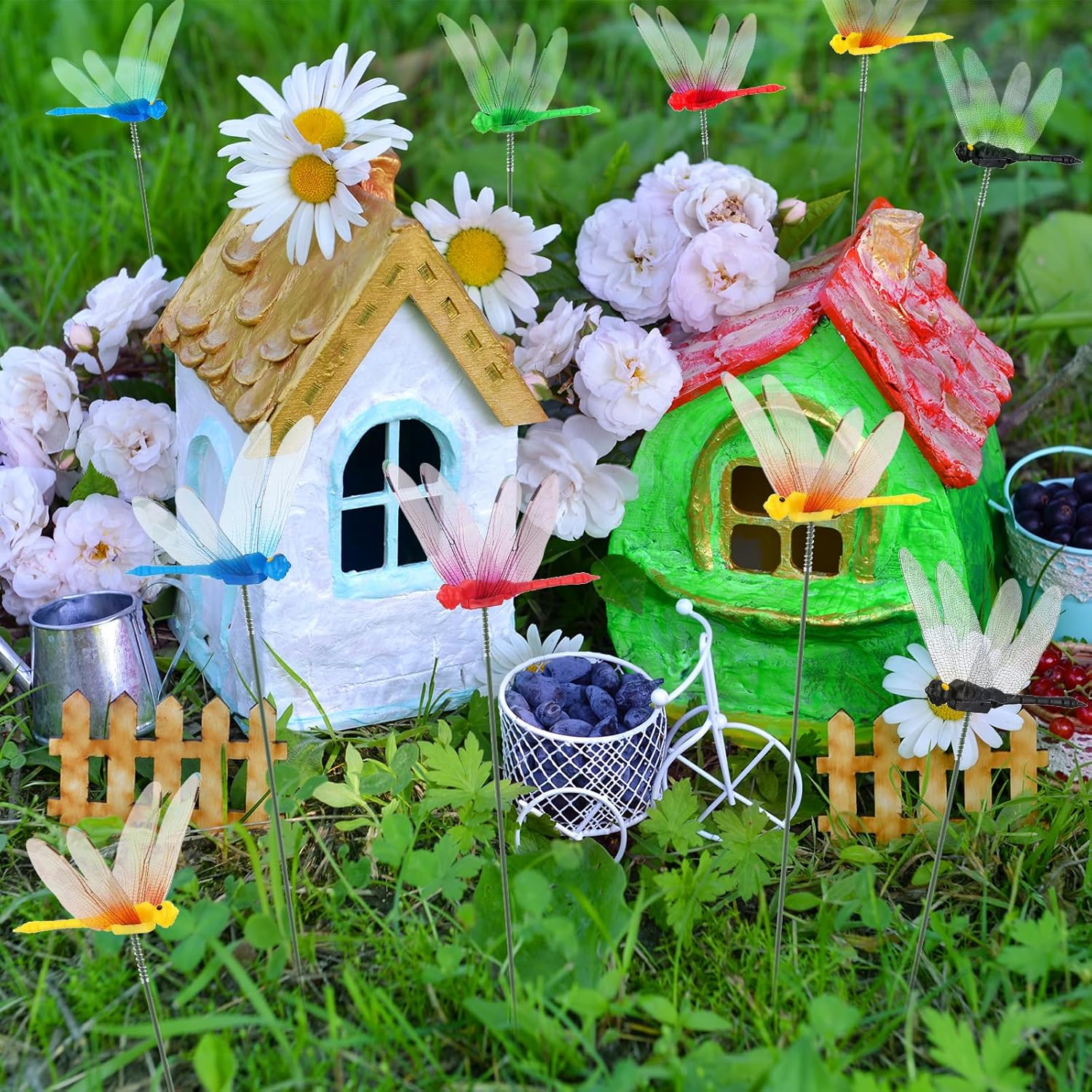 Leinuosen 100 Pcs 3.35" 3D Dragonfly Garden Stakes, Long Dragonfly Stakes Garden Decor Indoor Outdoor Yard Ornaments Flower Pot Patio Decoration(Red, Yellow, Blue, Green, Black)-VerdiqueGarden