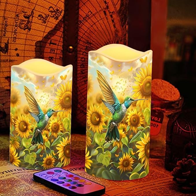 Ystardream Operated Candles with Flickering Flame Flameless Taper Candles Flickering Operated Electric Pillar Candle LED Candle for Indoor Outdoor Home Decor Hummingbird Sunflower-VerdiqueGarden