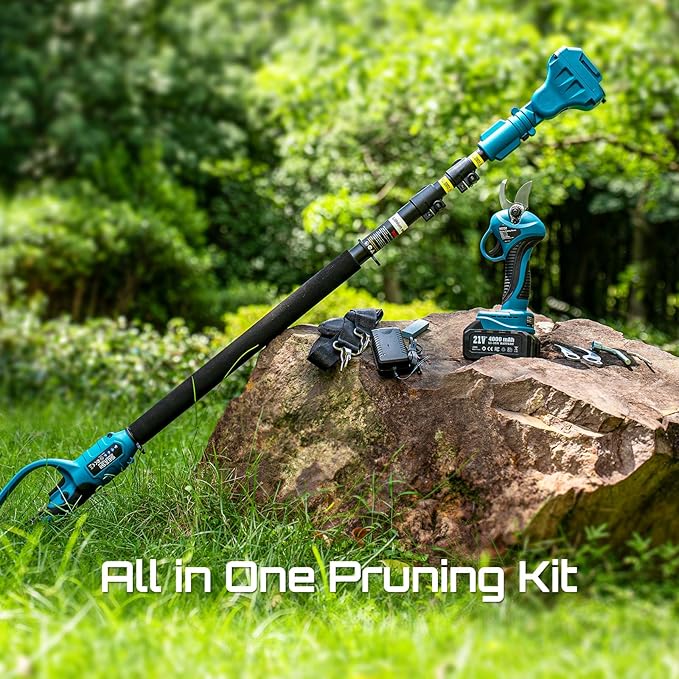 Seesii 2-in-1 Electric Pruning Shears with Pole, 15Ft Reach, 1.2" Cutting Diameter, 21V 4000mAh Battery, Cordless Pruner with Brushless Motor for Orchard, Flower, Branch, Tree Trimming-VerdiqueGarden