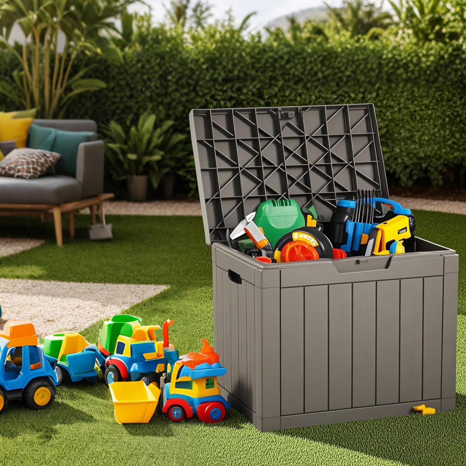 30 Gallon Waterproof Deck Box, Lockable Resin Storage Box for Patio Furniture Cushions Garden Tools and Outdoor Delivery Storage, Coffee-VerdiqueGarden