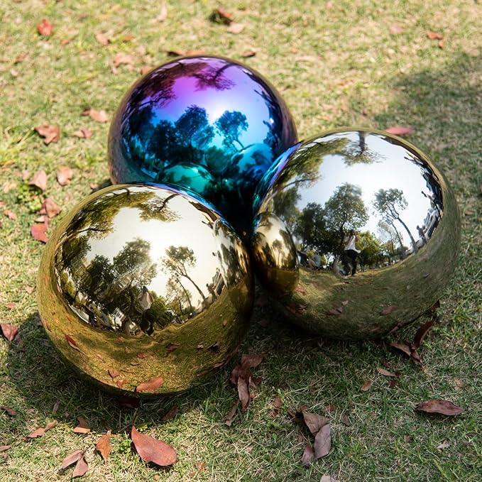 10 Inch Stainless Steel Gazing Globe,v2croft Hollow Ball Mirrored Surface Polished Shiny Sphere,Garden Stainless Steel Gazing Ball for Outdoor Lawn Pond Yard Ornament(rainbow)-VerdiqueGarden