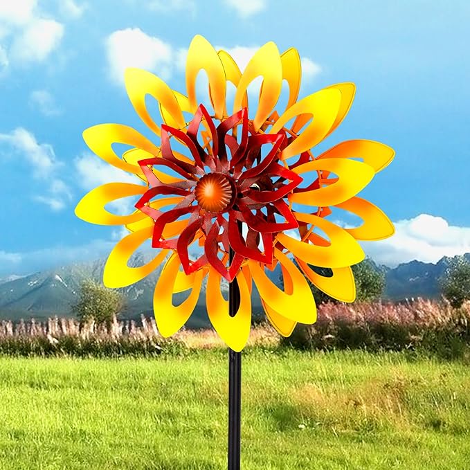 Sunflower Wind Spinners, 360 Degrees Swivel Metal Wind Sculptures, 62" Garden Pinwheels for Yard Lawn Patio Decor-VerdiqueGarden