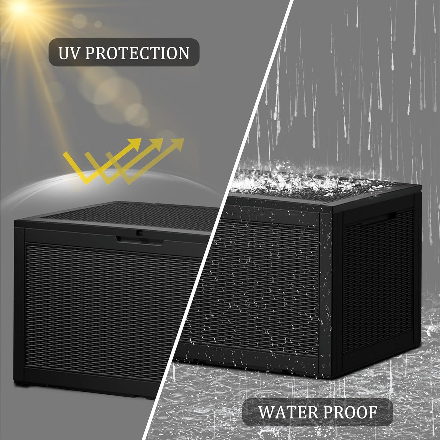 100GAL Black Wicker - Textured Outdoor Deck Box with Lockable – Waterproof, SGS - Verified UV Resistance, Stylish Storage for Patio Furniture & Outdoor Toys, Quick Assembly-VerdiqueGarden