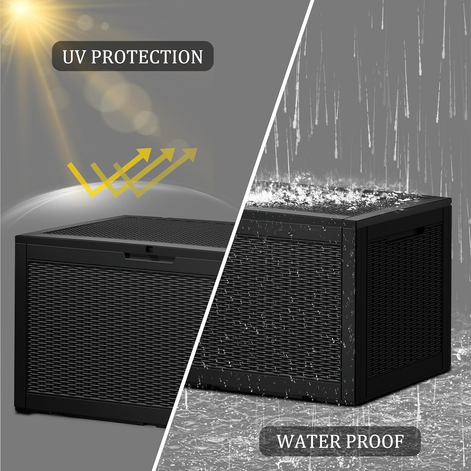 100GAL Black Wicker - Textured Outdoor Deck Box with Lockable – Waterproof, SGS - Verified UV Resistance, Stylish Storage for Patio Furniture & Outdoor Toys, Quick Assembly-VerdiqueGarden
