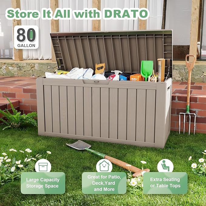 81 Gallon Outdoor Storage Box Waterproof, UV Resistant Resin Deck Box with Hydraulic Rod, Lockable Design and Enhanced Durability for Patio, Garden, and Poolside Use-VerdiqueGarden