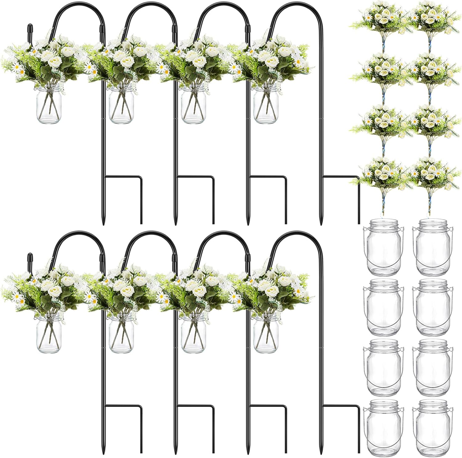 8 Sets Wedding Aisle Decoration Include 16 oz Rose Daisy Hanging Mason Jar 32" Shepherds Hooks Rustic Mason Jar with Faux Rose and Daisy for Outdoor Wedding Isle Ceremony Decorations-VerdiqueGarden