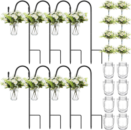 8 Sets Wedding Aisle Decoration Include 16 oz Rose Daisy Hanging Mason Jar 32" Shepherds Hooks Rustic Mason Jar with Faux Rose and Daisy for Outdoor Wedding Isle Ceremony Decorations-VerdiqueGarden