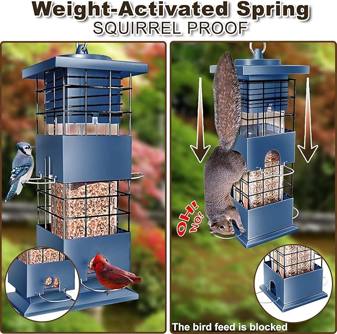 Bird Feeder 3LBS Metal Anti-Squirrel Wild Birdseed Feeder for Finch Cardinal Blue Jay Outdoors Hanging (Blue)-VerdiqueGarden