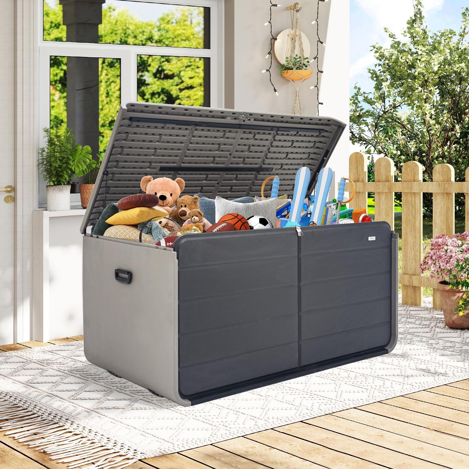 Domi 260 Gallon Outdoor Storage Box – Waterproof, UV-Resistant Deck Box with Lockable Lid for Patio Furniture, Garden Tools, Delivery Packages (Large Resin Storage Bin）-VerdiqueGarden