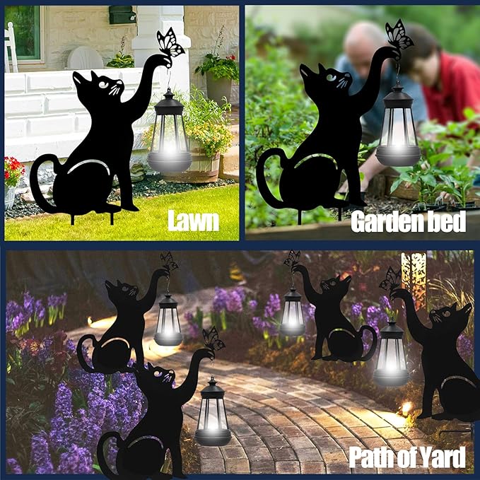 Solar Lights Outdoor Garden Decor - Black Cat Figurine Light Stake with Butterfly Decorative Metal Housewarming Ornament for Yard Pathway Lawn Patio – Unique Gift Ideas for Christmas-VerdiqueGarden