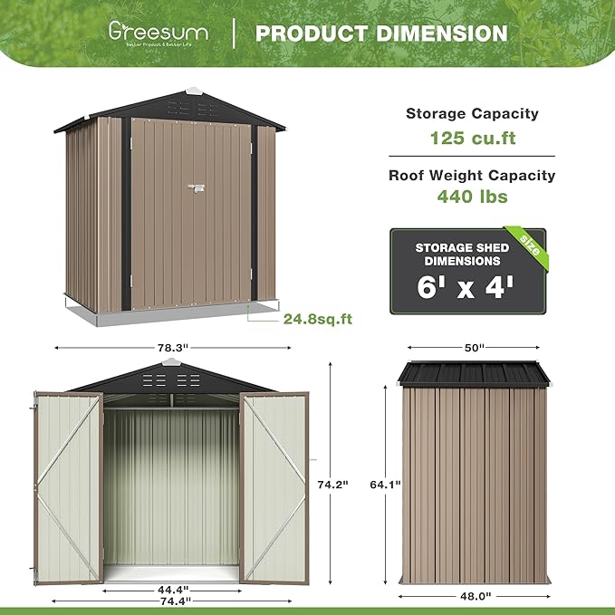 Greesum Outdoor Storage Shed 6 x 4 ft. Utility Tool Shed Metal Storage Garden Shed with Door & Lock for Patio Storage, Brown-VerdiqueGarden