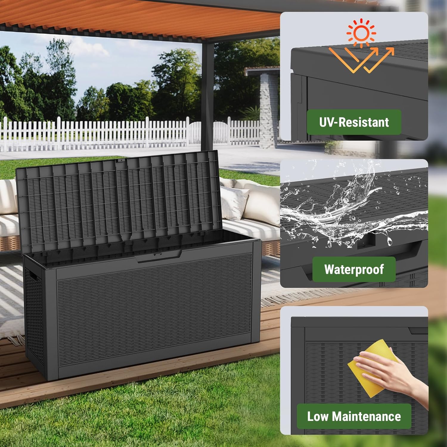 Mars Villa 60 Gallon Deck Box, Outdoor Storage Box Waterproof, Outside Resin Storage Bin for Outdoor Patio Furniture Cushions, Pool Supplies, Garden Tools, UV-Resistant and Weatherproof, Rattan Black-VerdiqueGarden