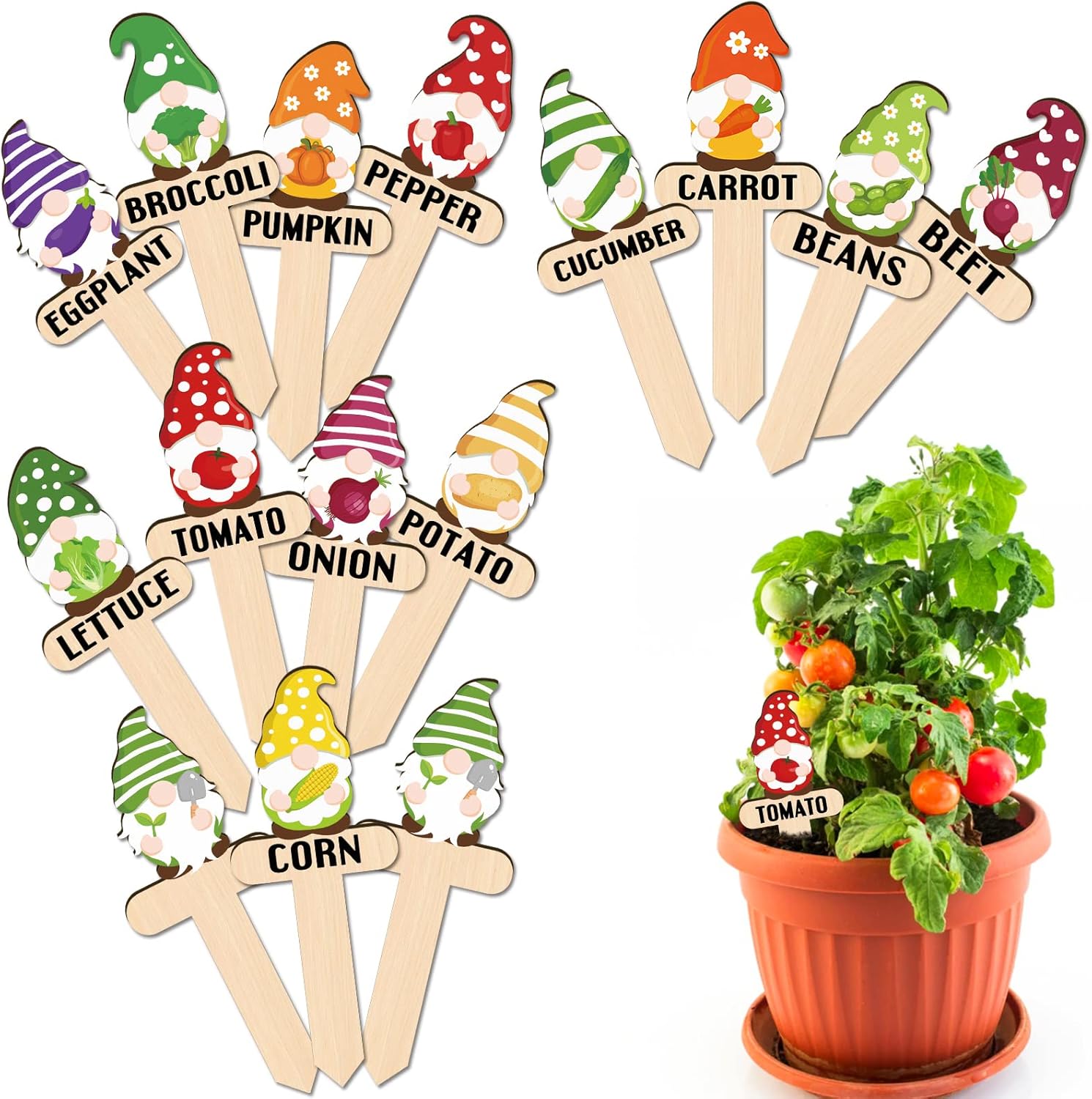 Huray Rayho Gnome Wooden Plant Markers for Vegetable Flowers Garden Potted Plants Tags 15-Pack Funny Wood Plant Labels Garden Stakes Patio Decorations Funny Gifts for Plant Lady Woman Novelty Gift-VerdiqueGarden