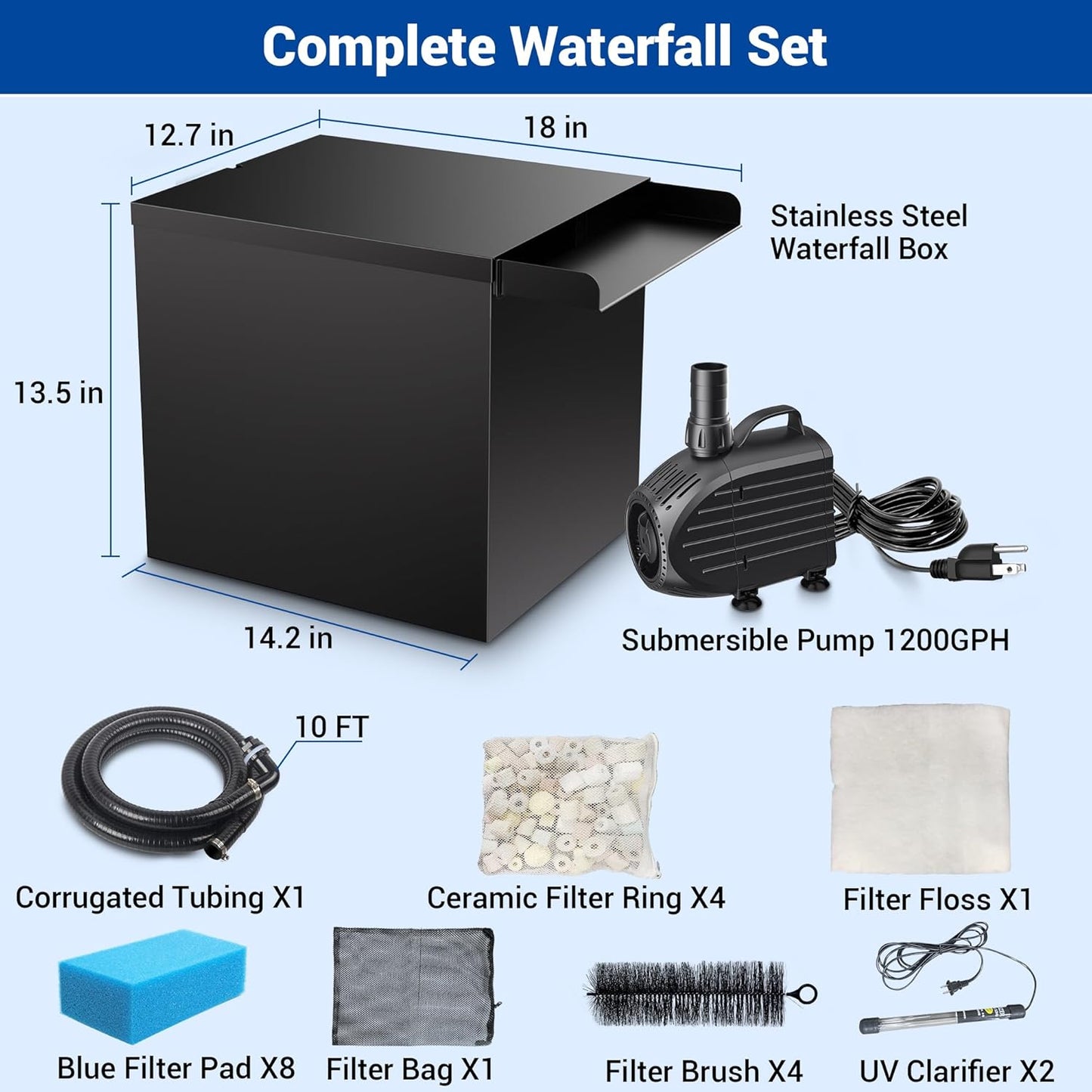 NFESOLAR Large Waterfall Filter System, Pond Filter Waterfall Kit Stainless Steel for Ponds and Streams up to 4,500 Gallons, Includes 5-Stage Filtration System, 1200 GPH Water Pump N4333-VerdiqueGarden