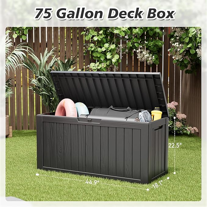 KAMABOKO Deck Box, 75 Gallon Resin Indoor and Outdoor Storage Boxes Waterproof for Garden Tools, Pool Accessories Storage Bench, Patio Furniture and Cushions with Lockable Lid, Black-VerdiqueGarden