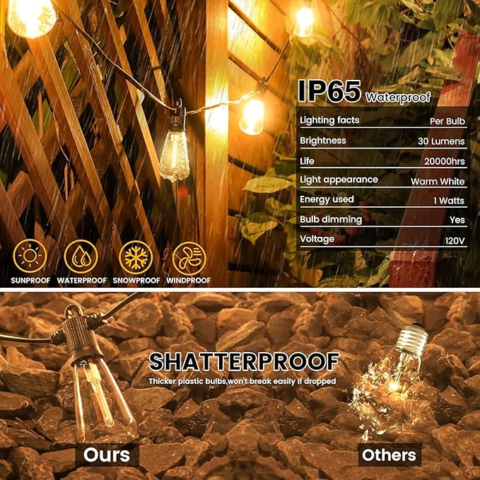 Outdoor String Lights Waterproof, 300FT Patio Lights with 146 Shatterproof ST38 Globe Bulbs(6 Spare), Connectable Dimmable LED Hanging String Lights for Outside Backyard Porch Balcony(150FT x 2)-VerdiqueGarden