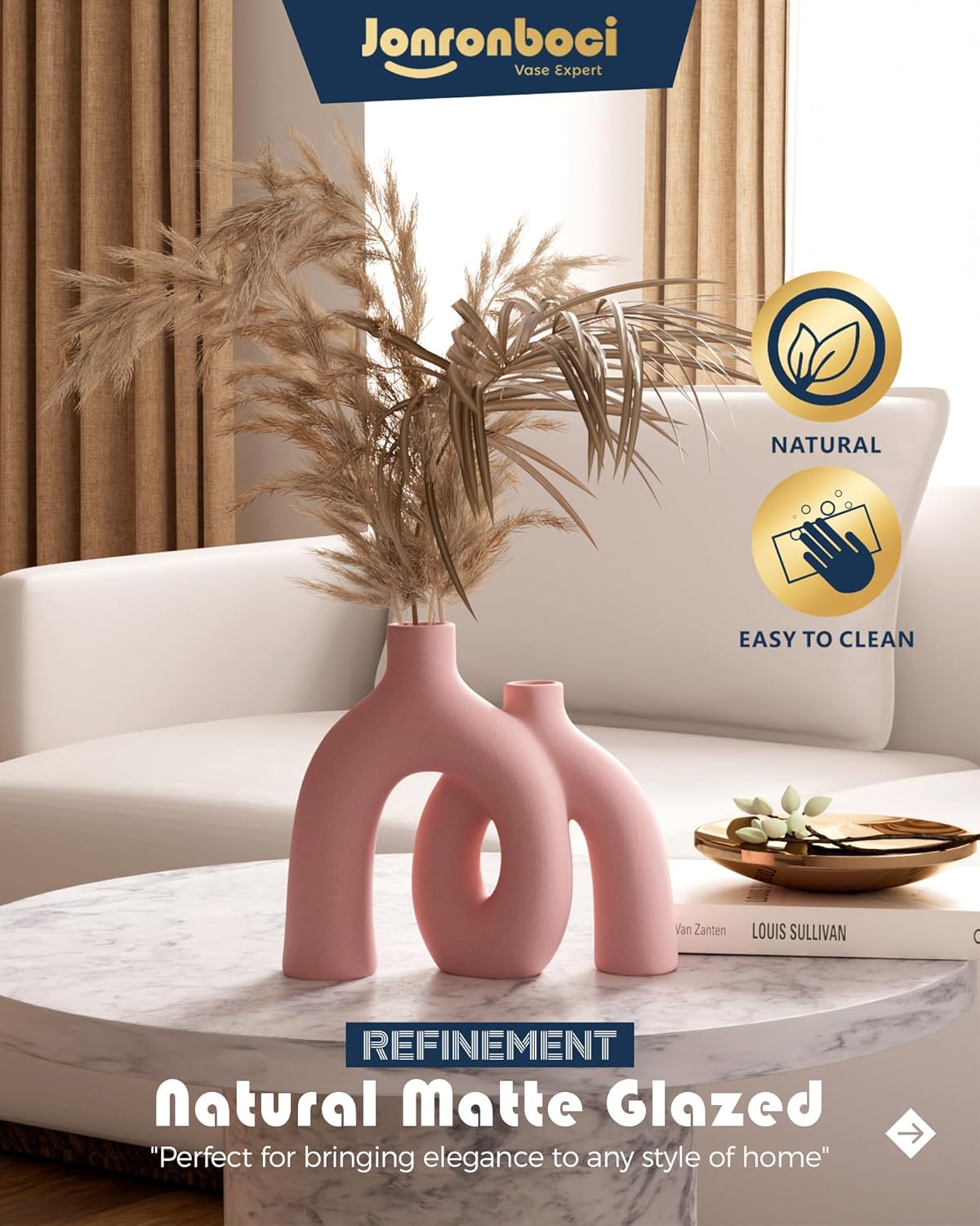 Hug Donut Decorative Vase Set - Light Pink Modern Glam Eclectic Style Vases Home Decor, Matte Ceramic Decorations for Living Room Shelf, Bookshelf Mantle Entryway Table or Console Décor(Pink)-VerdiqueGarden