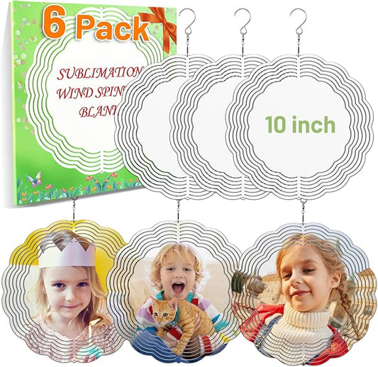 Remiawy Sublimation Wind Spinner Blanks, 6 Pack 10 Inch 3D Aluminum Metal Hanging Wind Spinners Sublimation Blanks Kinetic Sculpture DIY Crafts for Yard Garden Indoor Outdoor Porch Decoration Round-VerdiqueGarden