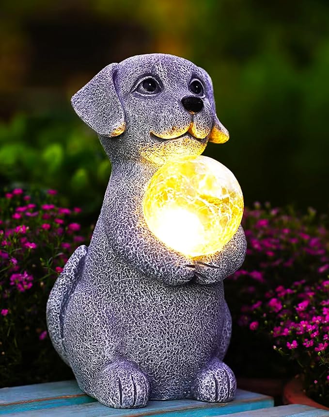 Solar Dog Garden Statues - 8.4 "Dog Decor with Gazing Ball Solar LED Lights, Unique Gifts for Mom Grandma Birthdays, Outdoor Decor for Outside Lawn Porch Patio (Gray)-VerdiqueGarden