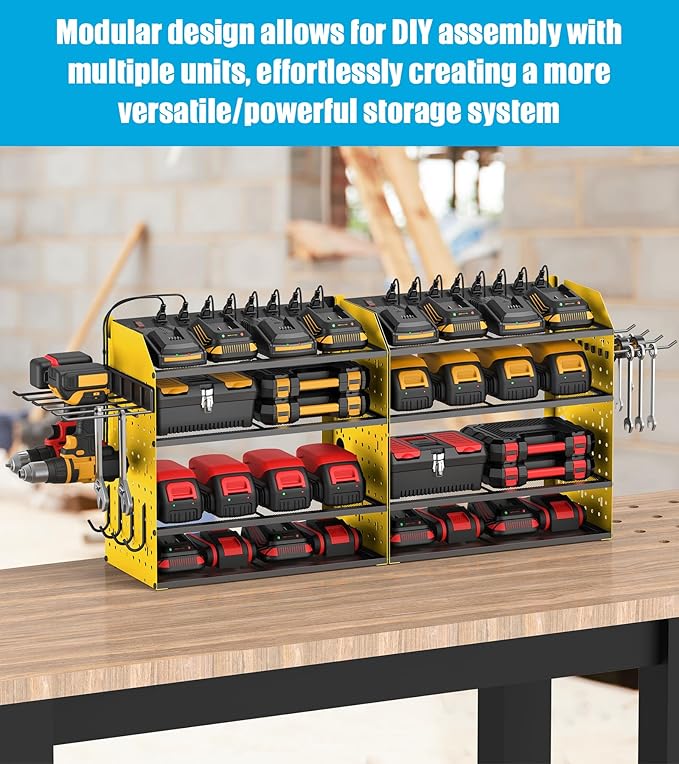 CCCEI Modular Desk Power Tools Organizer with Charging Station, 4 Layer Drills Battery Storage Wall Mount, Garage Shop Organization, Anniversary, Birthday, Gifts for Men, Father, Yellow, 6FT Cord.-VerdiqueGarden