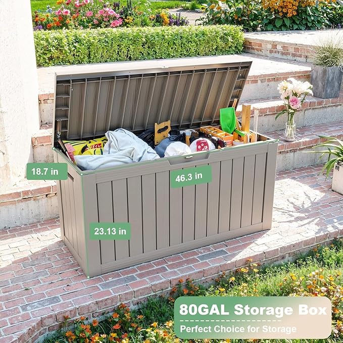 81 Gallon Outdoor Storage Box Waterproof, UV Resistant Resin Deck Box with Hydraulic Rod, Lockable Design and Enhanced Durability for Patio, Garden, and Poolside Use-VerdiqueGarden