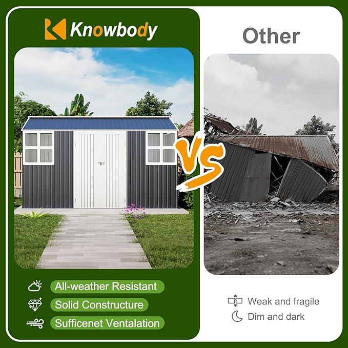 12x10 FT Metal Sheds & Outdoor Storage: Heavy Duty Garden Sheds with Dual Transparent Panels, 2x4-Pane Windows & Hinged Double Doors, Weatherproof Tool Shed for Backyard, Garden, Patio, Grey/White-VerdiqueGarden