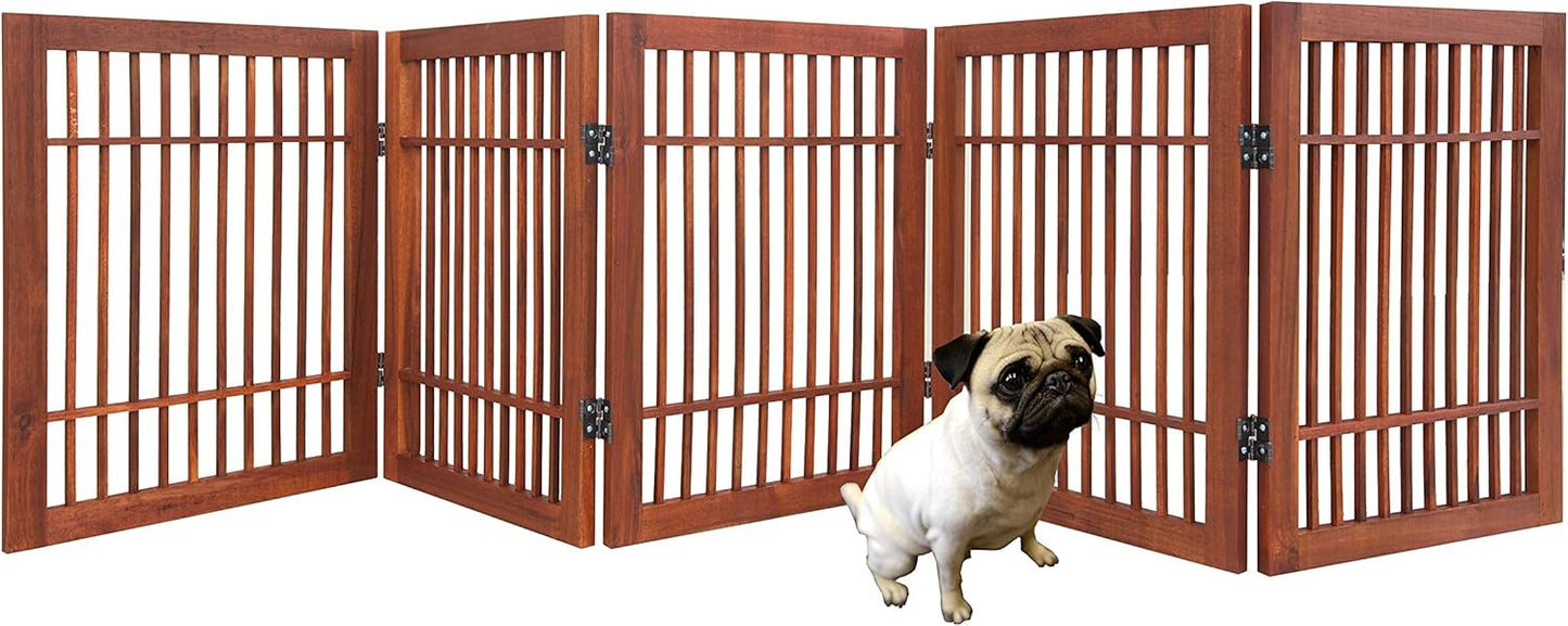 Pet Dog Gate Strong and Durable Freestanding Folding Acacia Hardwood Portable Wooden Fence Indoors or Outdoors by Urnporium (Brown Pet Gate, 5 Panel 24" Tall)-VerdiqueGarden