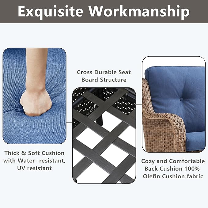 Outdoor Wicker Patio Furniture Set - 5 Piece Rattan Patio Conversation Set with 2 Rocking Swivel Chairs,2 Ottomans and 1 Loveseat for Porch Deck Backyard Garden(Yellow/Blue)-VerdiqueGarden