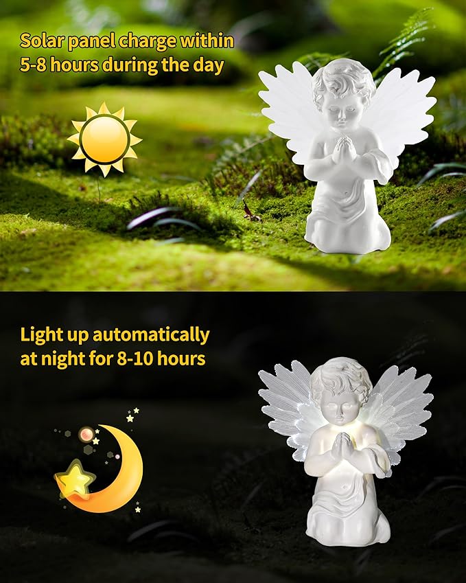 iStatue Solar Praying Cherub Angel Light with Fibre Optic Wings - 7.1'' Sympathy Remembrance Memorial Gift for Grave Ornaments Garden Decor (Kneeling Angel)-VerdiqueGarden