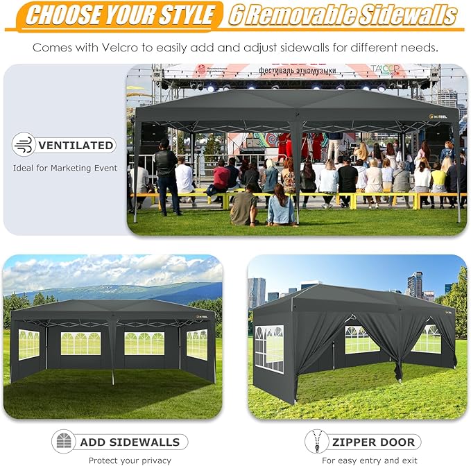 HOTEEL 10x20 Pop up Canopy with 6 Sidewalls, One Push Instant Setup Outdoor Canopy Tent with Reinforce Rod, Weight Bag, for Parties, Events, Gray-VerdiqueGarden