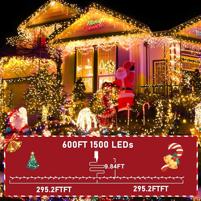 KNONEW 600ft 1500 LED Christmas String Lights Outdoor Green Wire 8 Modes & Timer Fairy Light Plug in Waterproof Patio Lights for Xmas Yard Tree Wedding Party Holiday Decorations (Warm White)-VerdiqueGarden