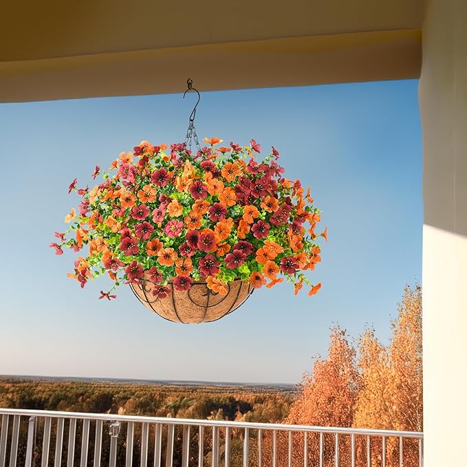 Artificial Fake Hanging Plants Flowers Basket, Faux Silk Daisy in Planter Realistic UV Resistant for Outside Home Patio Balcony Yard Spring Outdoor Decoration (Orange Brown)-VerdiqueGarden