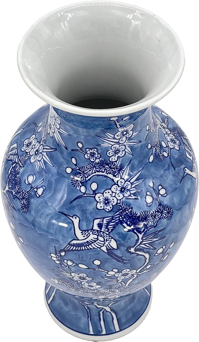 Galt International White & Blue Floral Crane Chinoiserie Ceramic Vase 14" - Hand Painted Antique Style Porcelain Bird & Flower Bottle Fishtail Porcelain Chinese Vase for Home Decor Centerpiece-VerdiqueGarden