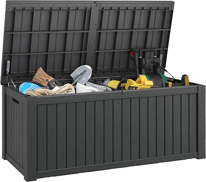 NUNU LAB 180 Gallon Outdoor Storage Box,Large Resin Sturdy Deck Box, Backyard Outside Storage Box Waterproof with Double Wall Panels,Package Delivery Garden Hose Storage Bin Outdoor Tool-VerdiqueGarden