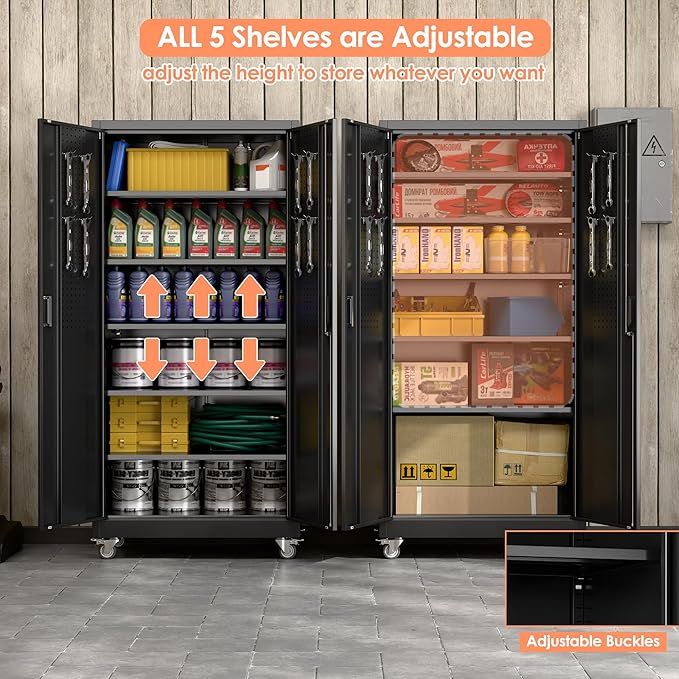 71" H×32" W×16" D Garage Storage Cabinet with Wheels, Locking Metal Storage Cabinet with 5 Adjustable Shelves, 4 Hooks and Pegboard for Garage, Home Office, Kitchen, Black, Assembly Required-VerdiqueGarden