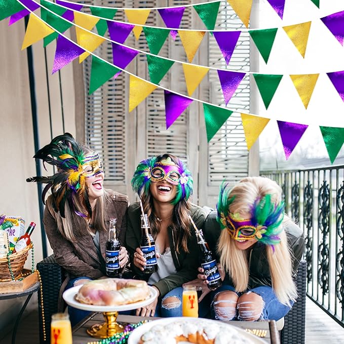 Mardi Gras Party Decorations Purple Green and Gold Metallic Fabric Triangle Pennant Banner Flag Hanging Bunting Garland for Birthday Wedding Baby Shower Bridal Shower Holiday Masquerade Party Supplies-VerdiqueGarden